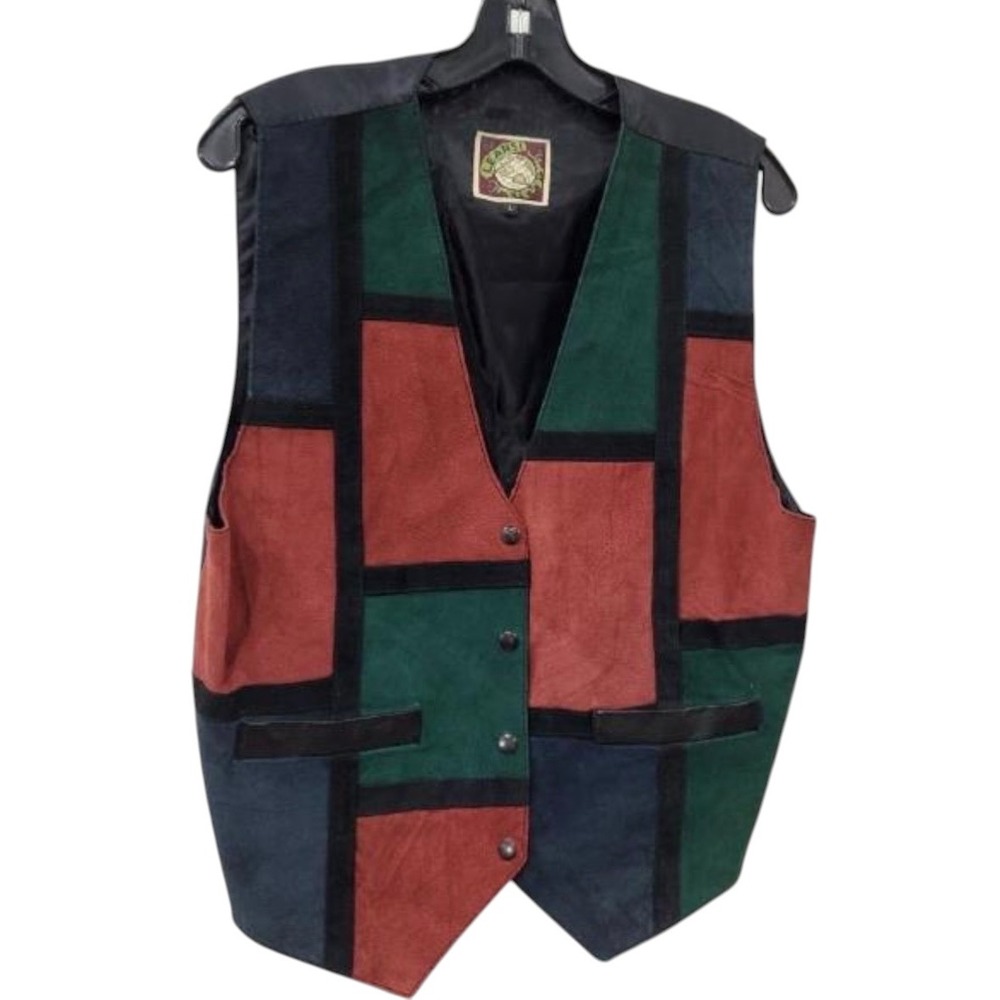 Learsi Mens Vintage Patchwork Genuine Leather Vest Colorblock‎ Green Rust Large
